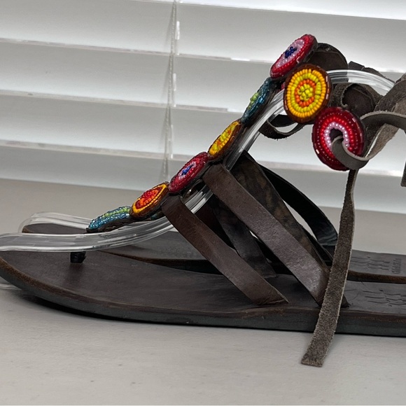 Global Girls Boho Leather Hand-Made Colorful Beaded Sz 37 Thong Sandals - Picture 8 of 14